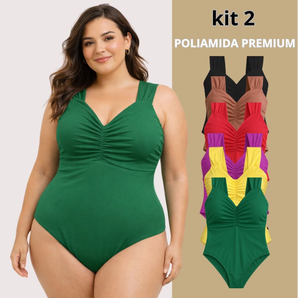 Kit 2 Maiô Feminino Praia Plus Size Suplex Poliamida Bojo Modelador Afina Cintura Disfarça Barriga