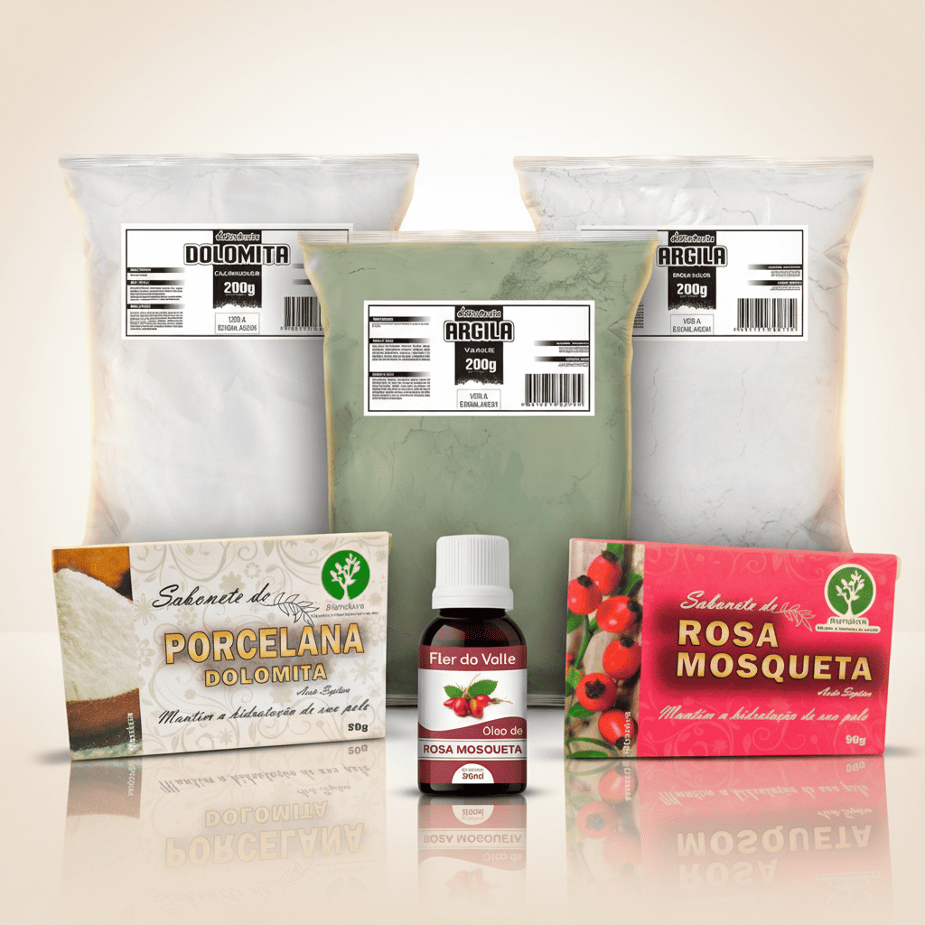 Kit da Mulher Autocuidado Feminino Dolomita Argila Branca e Verde Óleo de Rosa Mosqueta e Sabonetes