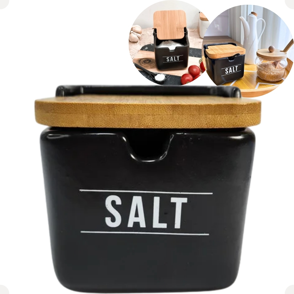 Saleiro Manhattan Preto 270ml Porta Sal Salt Porcelana Com Tampa de Bambu Coleção Haüskraft.. em Oferta na Shopee