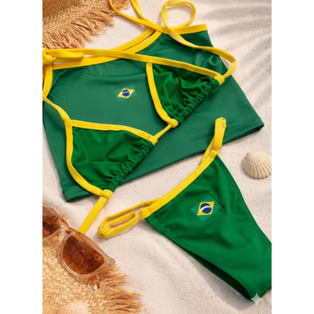 Biquini Brasil Fita Cortininha Bicolor Fio Dental Copa Bronze