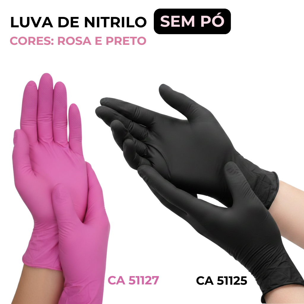 Luva Descartável Nitrílica Sem Pó Rosa ou Preta Medix Procedimento Nitrilo 100 200 300 Unidades Tama