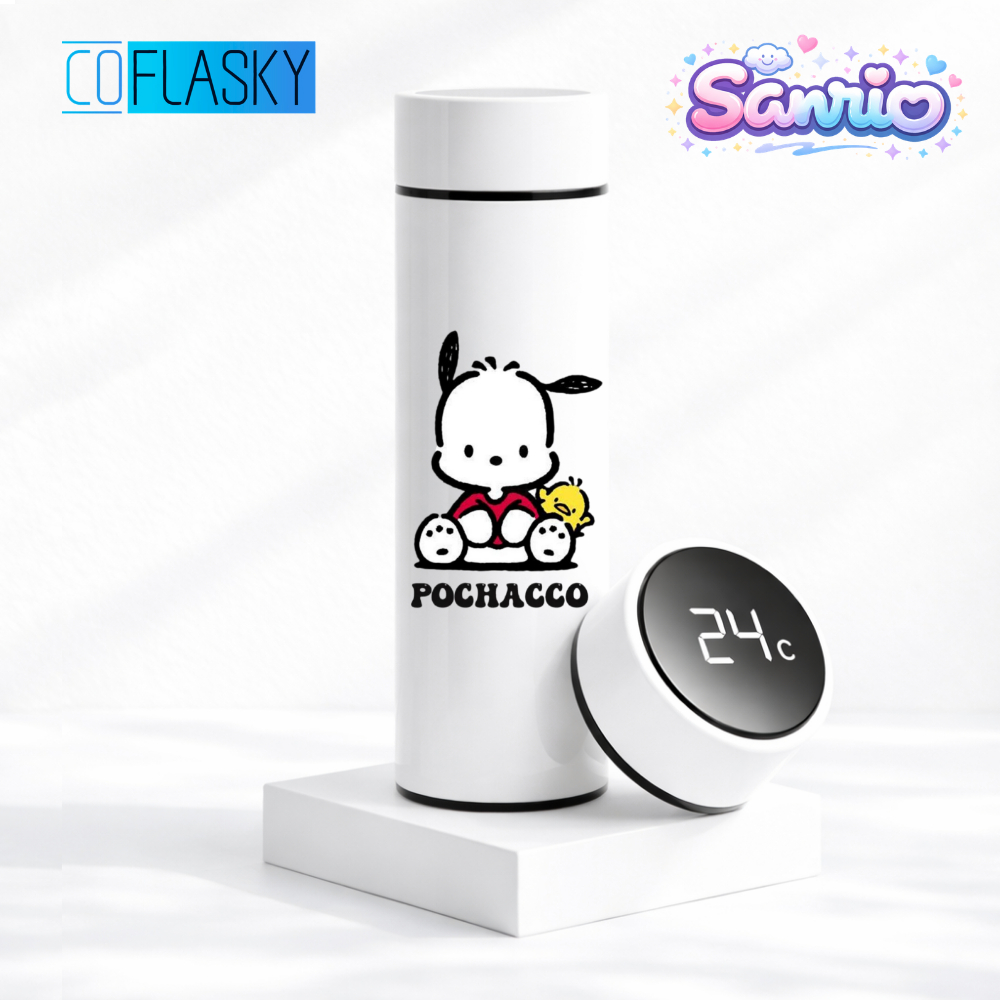 Garrafa Térmica de Aço Inoxonidável Pochacco Sanrio Termometro LED Digital 500ml Estampada