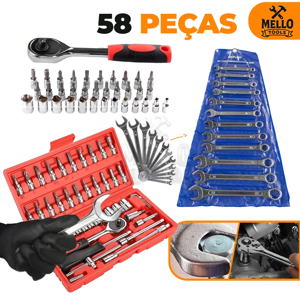 Jogo Kit Ferramentas 58 Peças Completo com Soquetes, Catraca, Bits e Chaves Combinadas – Jogo Profissional em Oferta na Shopee