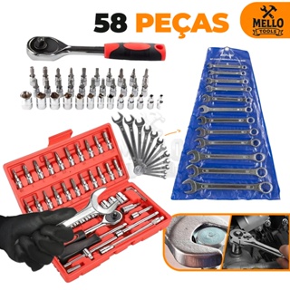 Jogo Kit Ferramentas 58 Peças Completo com Soquetes, Catraca, Bits e Chaves Combinadas – Jogo Profissional em Oferta na Shopee