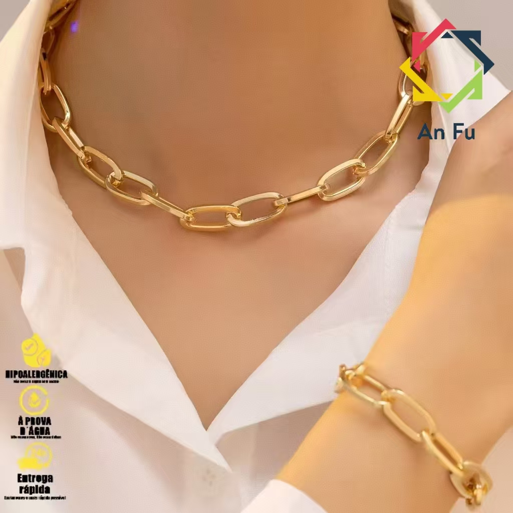 Kit Colar e Pulseira Corrente Correntaria Retangular Tendência 2026