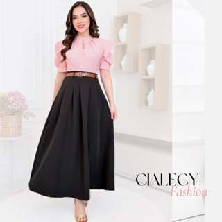 Saia Longa Alfaiataria Feminina com Cinto Cintura Alta Moda Evangélica Elegante Rodada em Oferta na Shopee