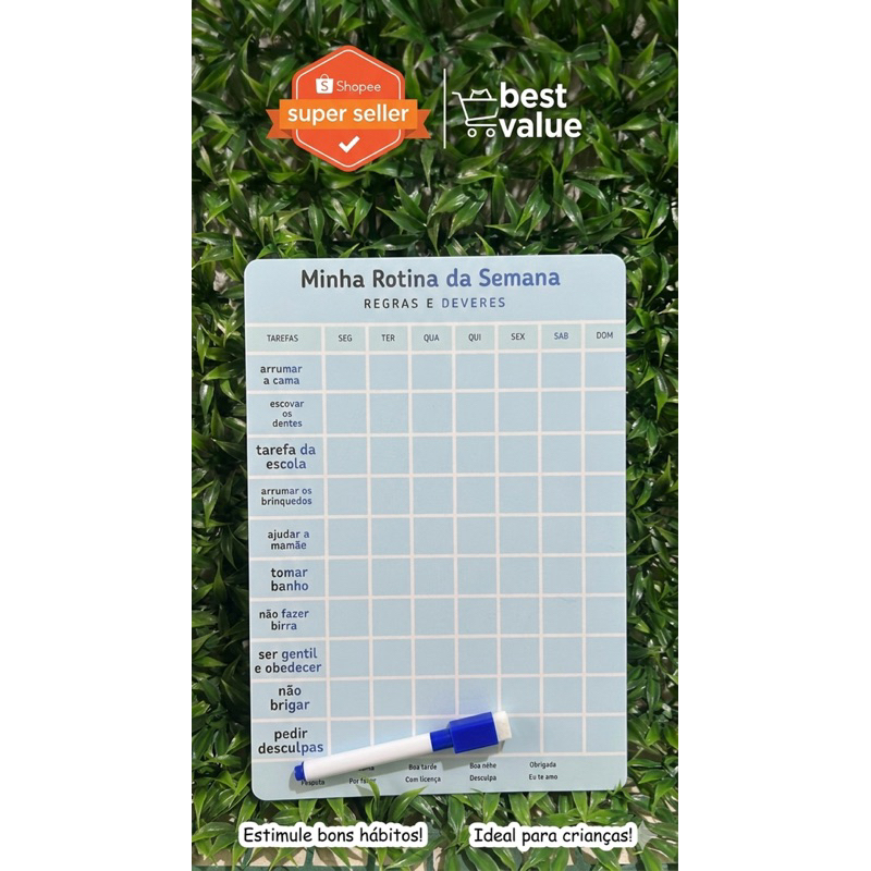 Quadro de Rotina Infantil Semanal Imantado + Caneta Escreve e Apaga – Tabela de Regras e Tarefas Educativo