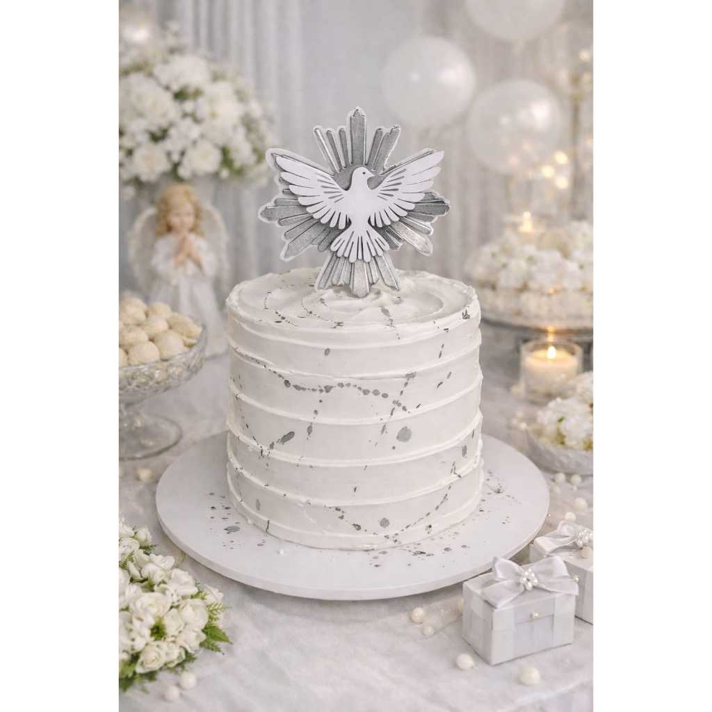 Topo de Bolo Espírito Santo Prata | Topper Primeira Comunhão Batizado Crisma | Decoração Religiosa Branco e Prata p Bolo