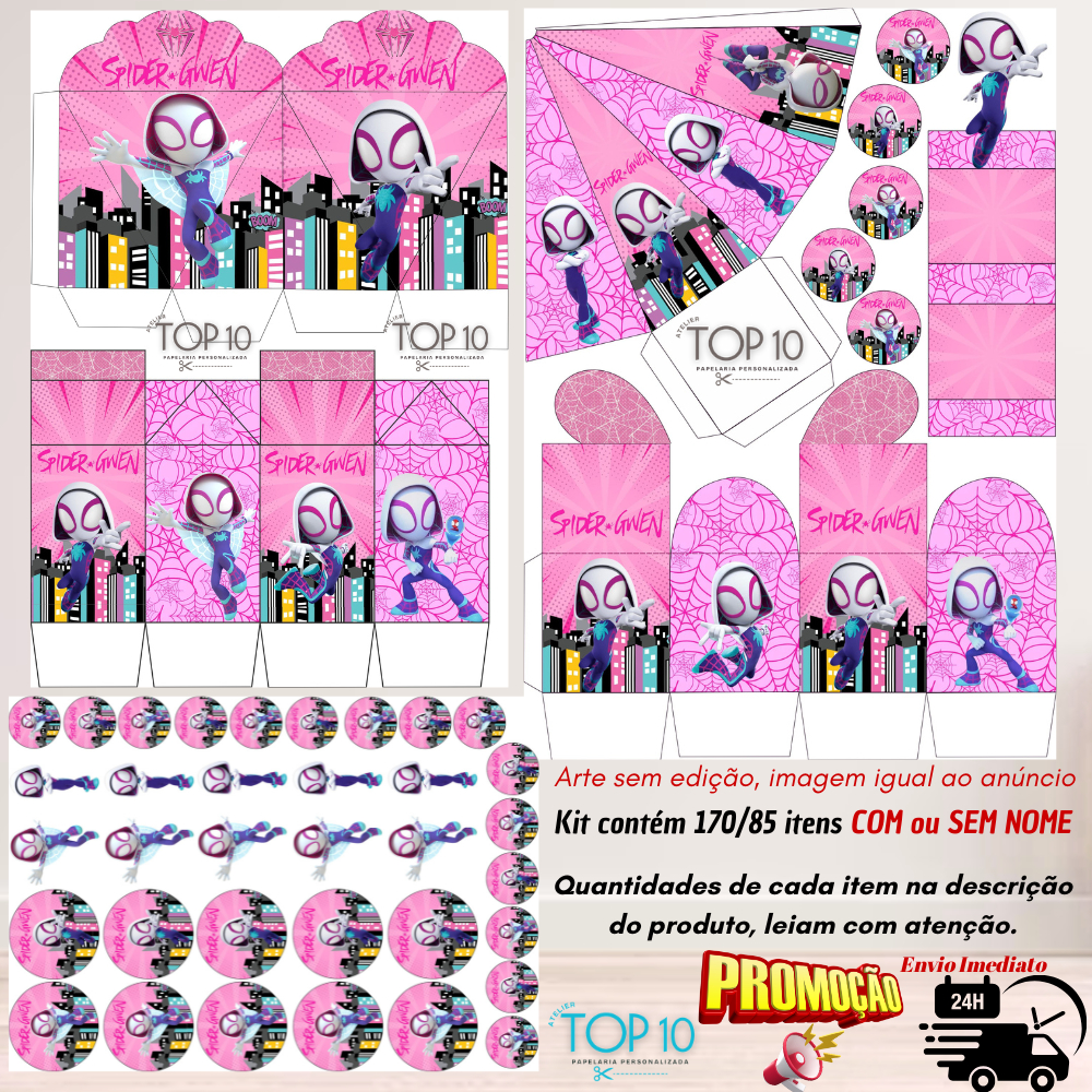 Kit de Lembrancinhas Personalizadas com 170/85 itens TEMA: MENINA ARANHA GWEN STACY- Envio rápido