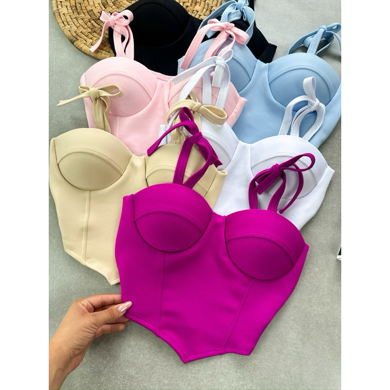 Cropped Amarração Com Bojo Tendência Moda Verão Top Neoprene Festa Balada em Oferta na Shopee