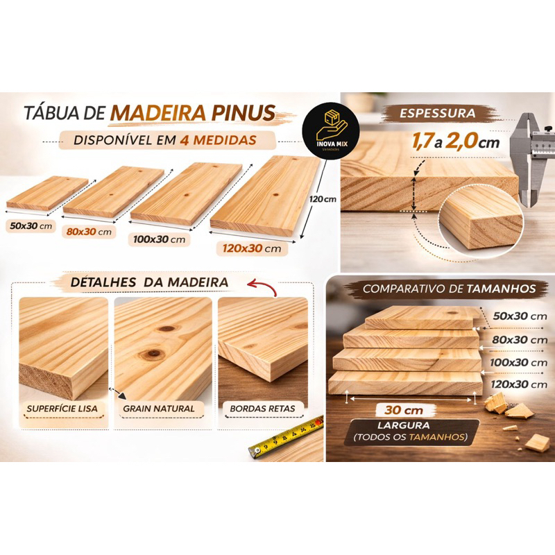 Tábua 100x30 Prateleira Estante Painel Pinus Sem Suporte