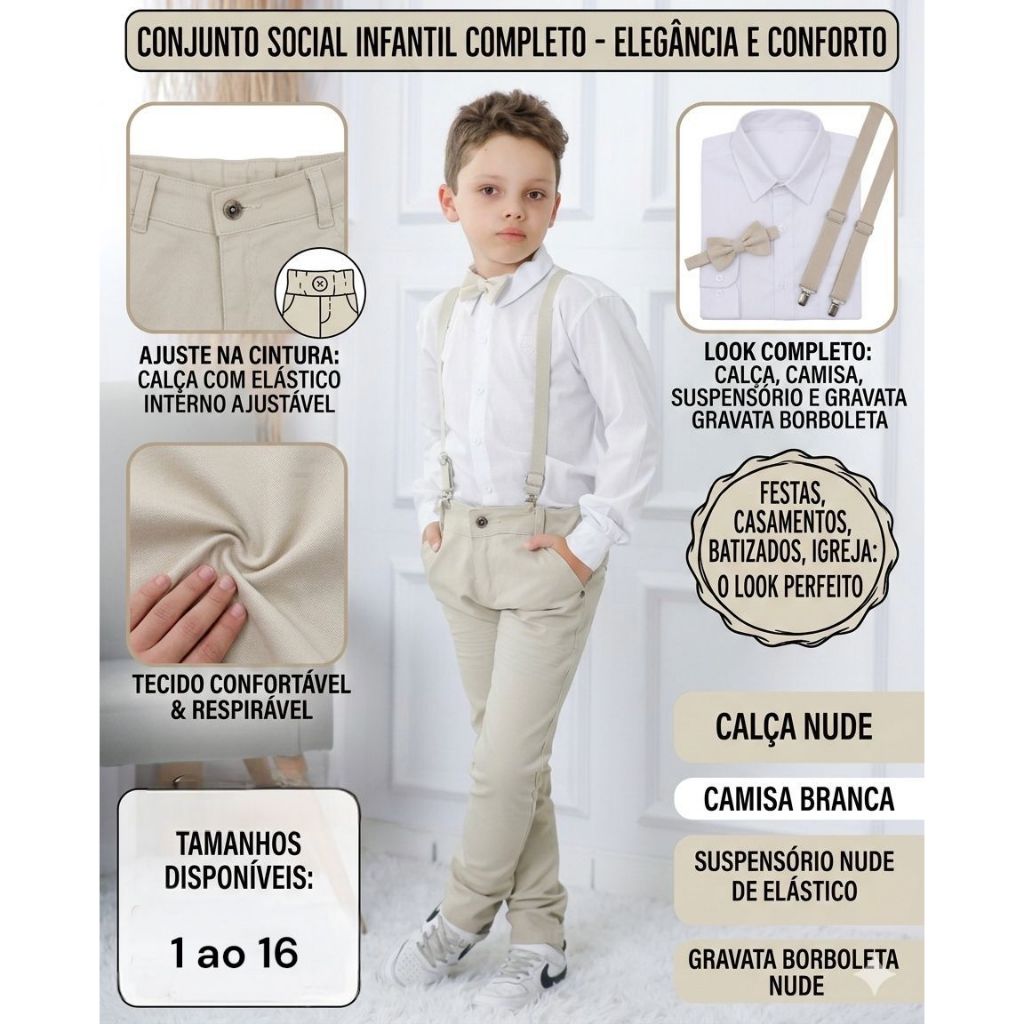 Roupa Conjunto Social - Calça Nude com Camisa Branca Infantil Social Batizado Formatura Casamento Festa Menino Infantil