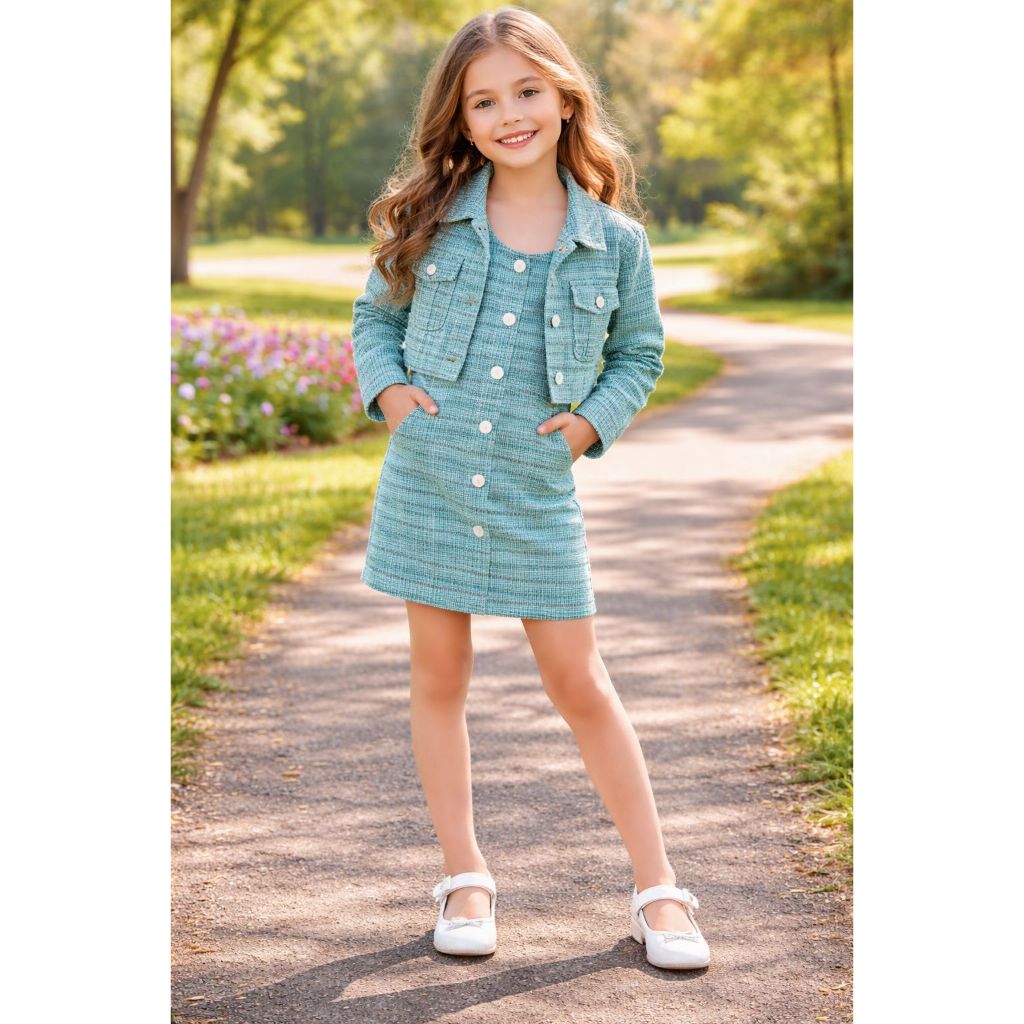 Conjunto Vestido + Jaquetinha Tweed Inverno Frio 2 ao 10 anos