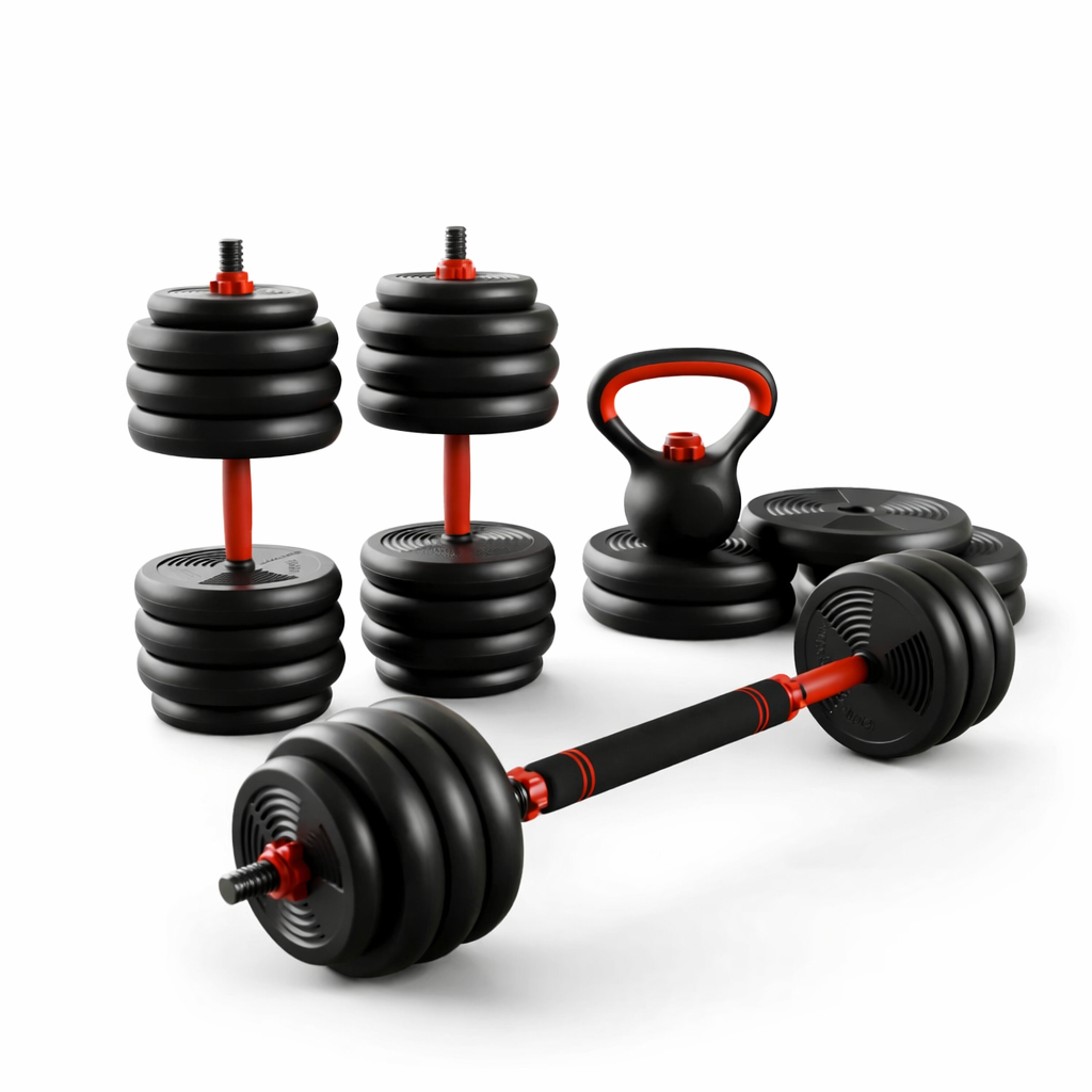 Kit Halteres 6 Em 1 Peso Musculação Até 40kg Ajustável Halter, Kettlebell, Anilha Cor Preto-vermelho