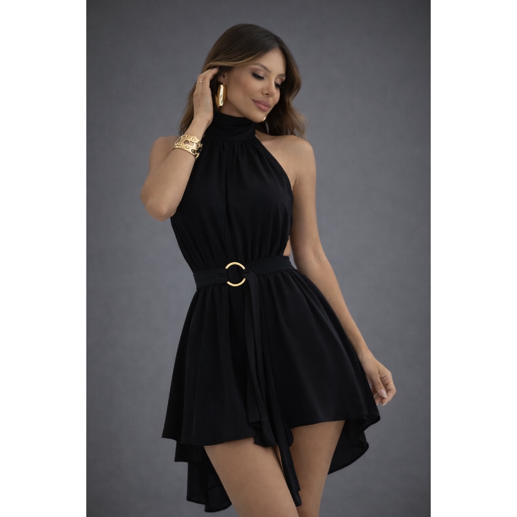 Vestido Feminino Elegante Gola Alta Com Cinto