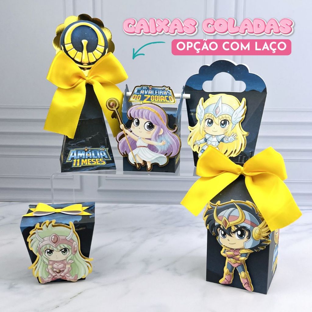 Kit Caixas Lembrancinhas Cavaleiros do Zodíaco – Caixinhas Personalizadas com Nome e Idade | Aniversário