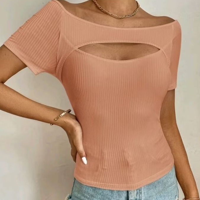 Blusa Feminina Recorte no Busto Ombro Caído Canelada Tendência