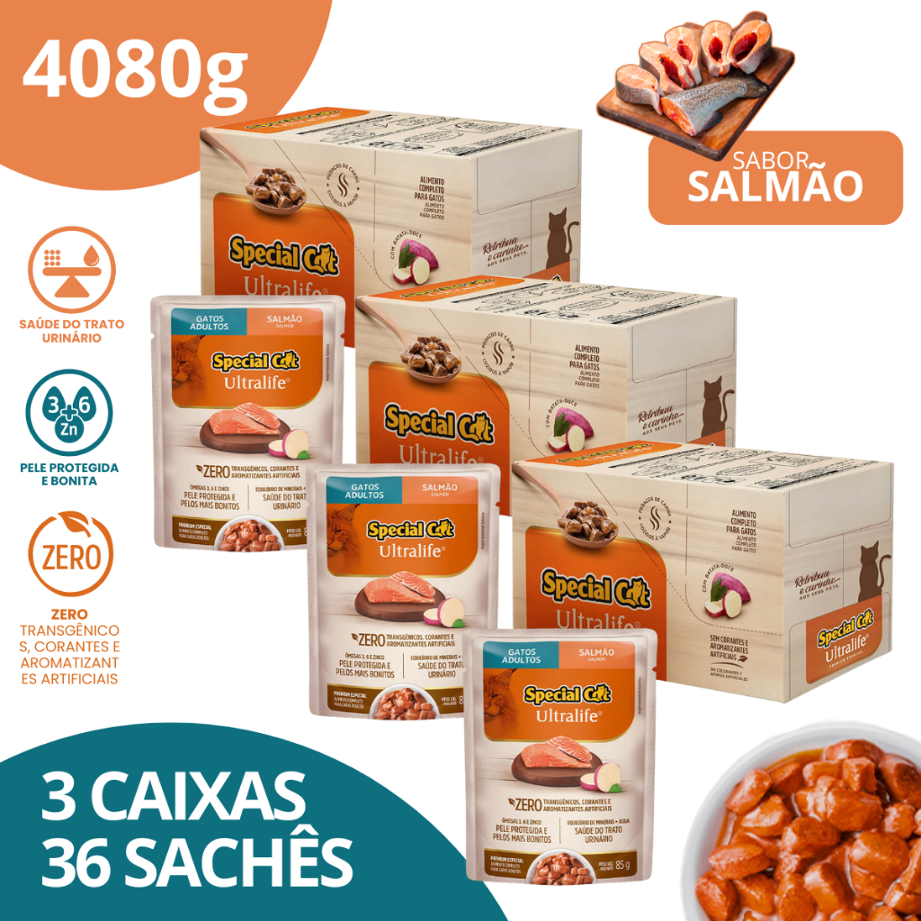 Kit 3 Caixa 12 Sachê Special Cat Ultralife Adultos Sabor Salmão 85g em Oferta na Shopee