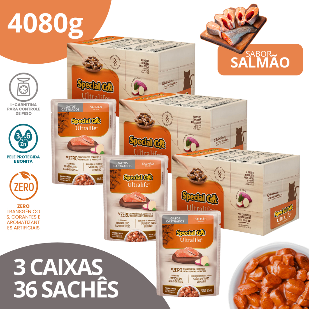 Kit 3 Caixa 12 Sachê Special Cat Ultralife Castrados Sabor Salmão - 85g em Oferta na Shopee
