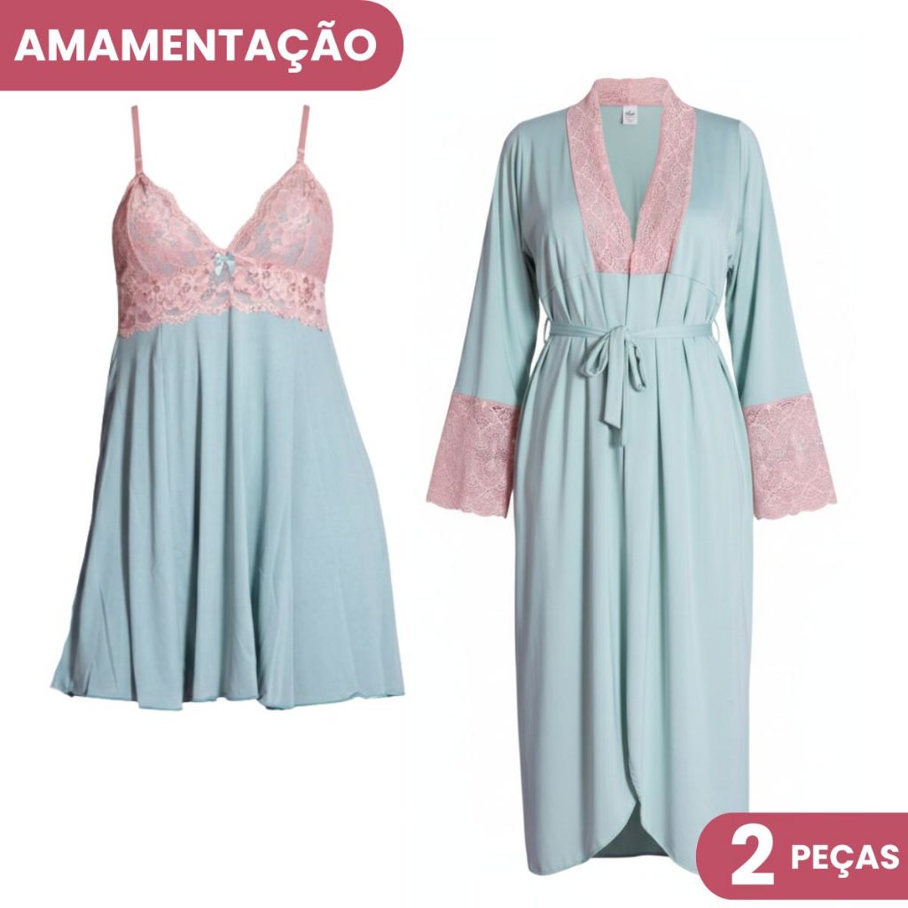 Kit Robe Roupão Longo e Camisola Amamentação Confortável Gestante Prática Maternidade Pós Parto