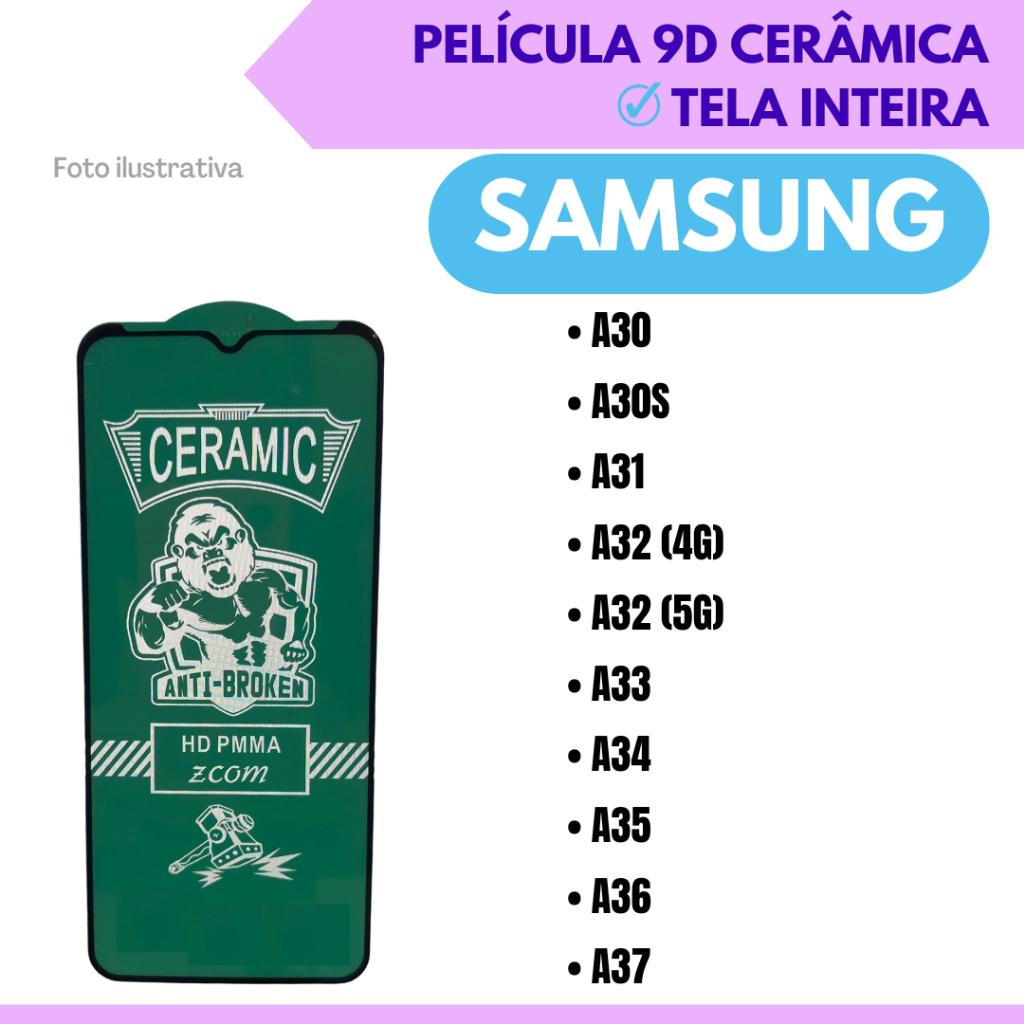 Película Cerâmica Hidrogel Flexível Para Samsung A30 / A30S / A31 / A32 4G / A32 5G / A33 / A34 / A35 / A36 / A37 / 9D.