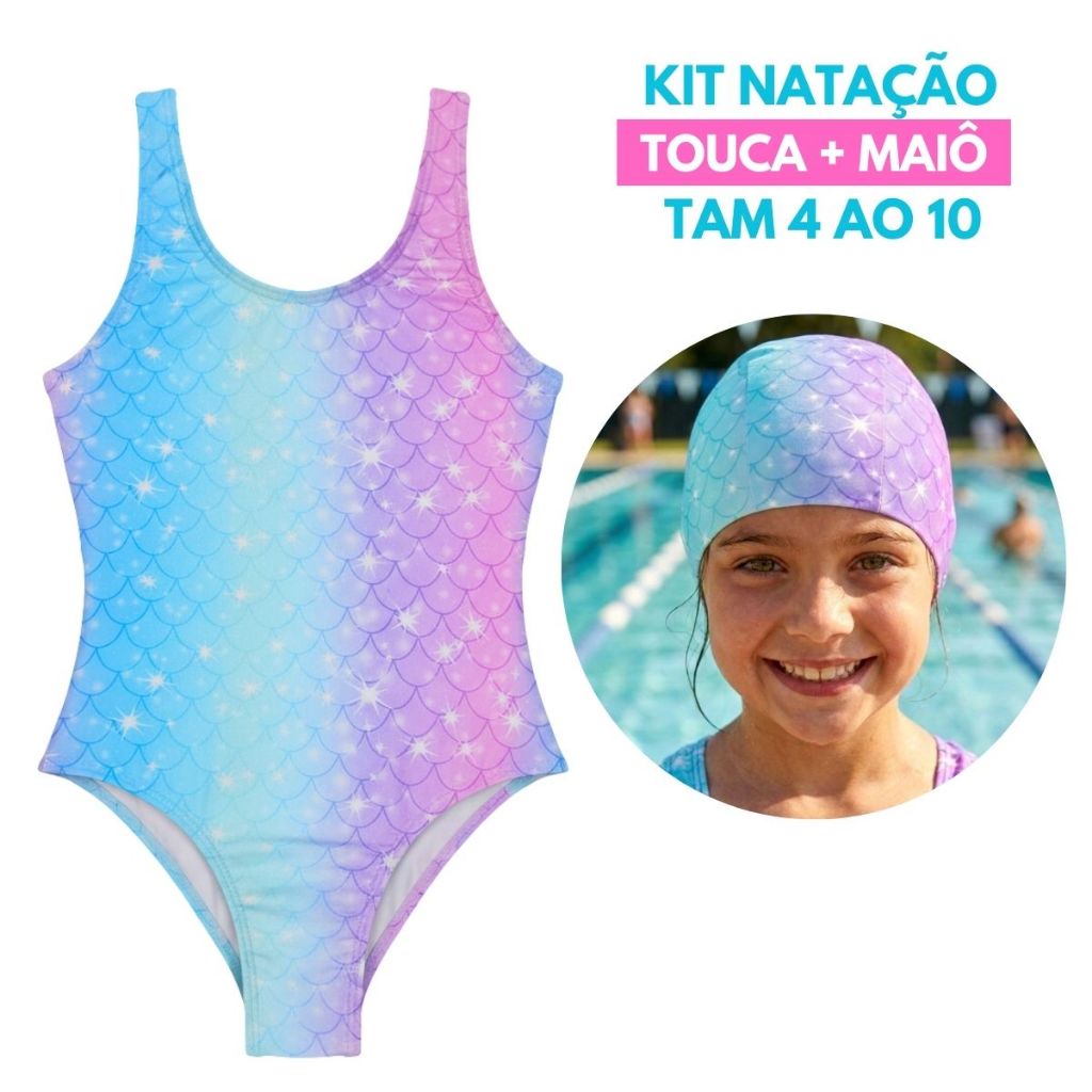 Kit Natação Menina Maiô E Touca De Tecido Confortável Kids Tam 4 ao 10 em Oferta na Shopee