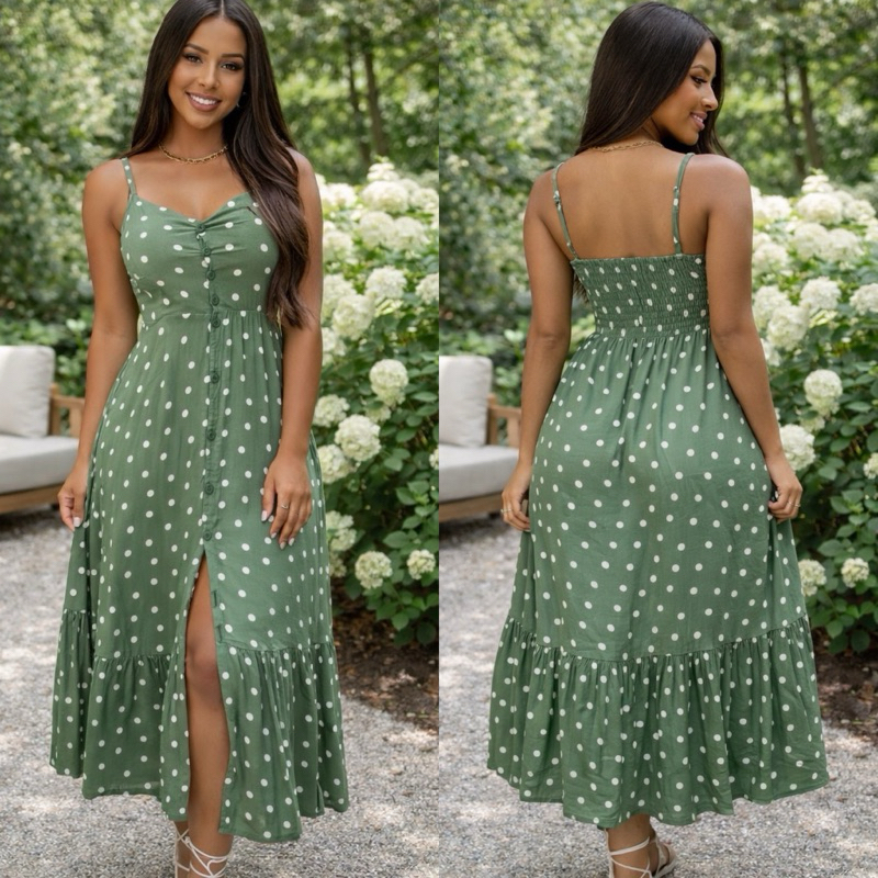 Vestido Midi Longo Crepinho Com Bojo e Botões Alça Ajustavel