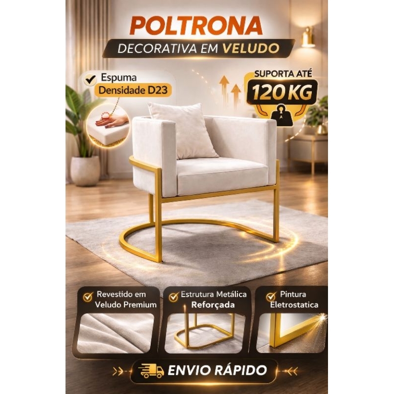 Poltrona Luna Com Base de Metal Decorativa Sala, Salão, Escritório, Quarto.