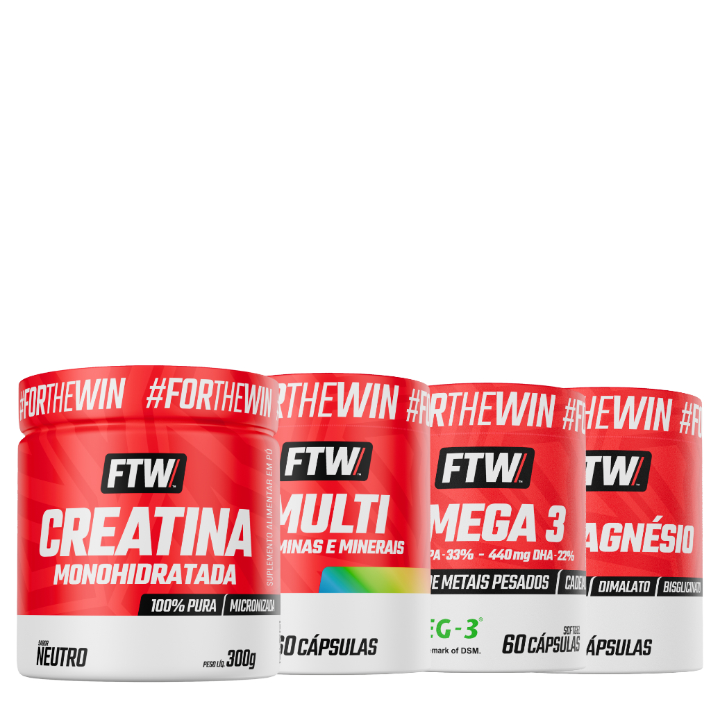 Kit Creatina 300g + Tri Magnésio 60 Cápsulas + Ômega 3 MEG-3 60 Cápsulas + Multivitamínico 60 Cápsulas - FTW