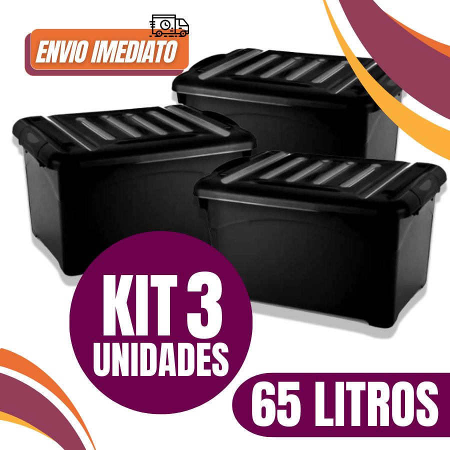 Kit 03 Unidades Caixa Organizadora 65 Litros Preta Com Trava Para Transporte Injeplastec