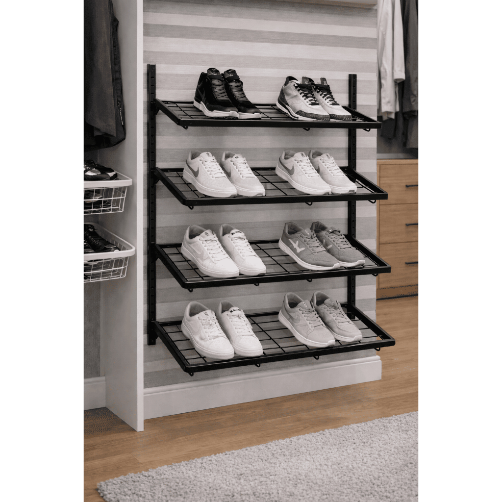 Kit 4 Sapateira Vertical Aramada Modular Trilho Organizador Cremalheira Closet Aço Arejada Inclinada