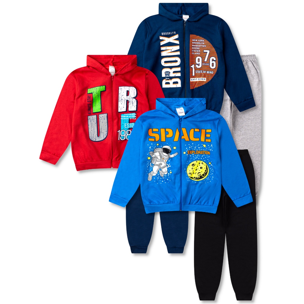 3 Conjuntos Moletom Juvenil Masculino Roupa Menino Inverno 6 Peças - 3 Jaquetas e 3 Calças