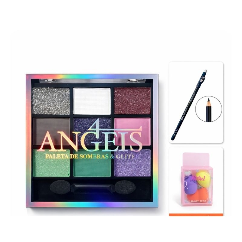Kit Maquiagem Essencial: Paleta Sombras Glitter 4 Angels +Lápis Delineador Preto +Mini  Esponjas Blend