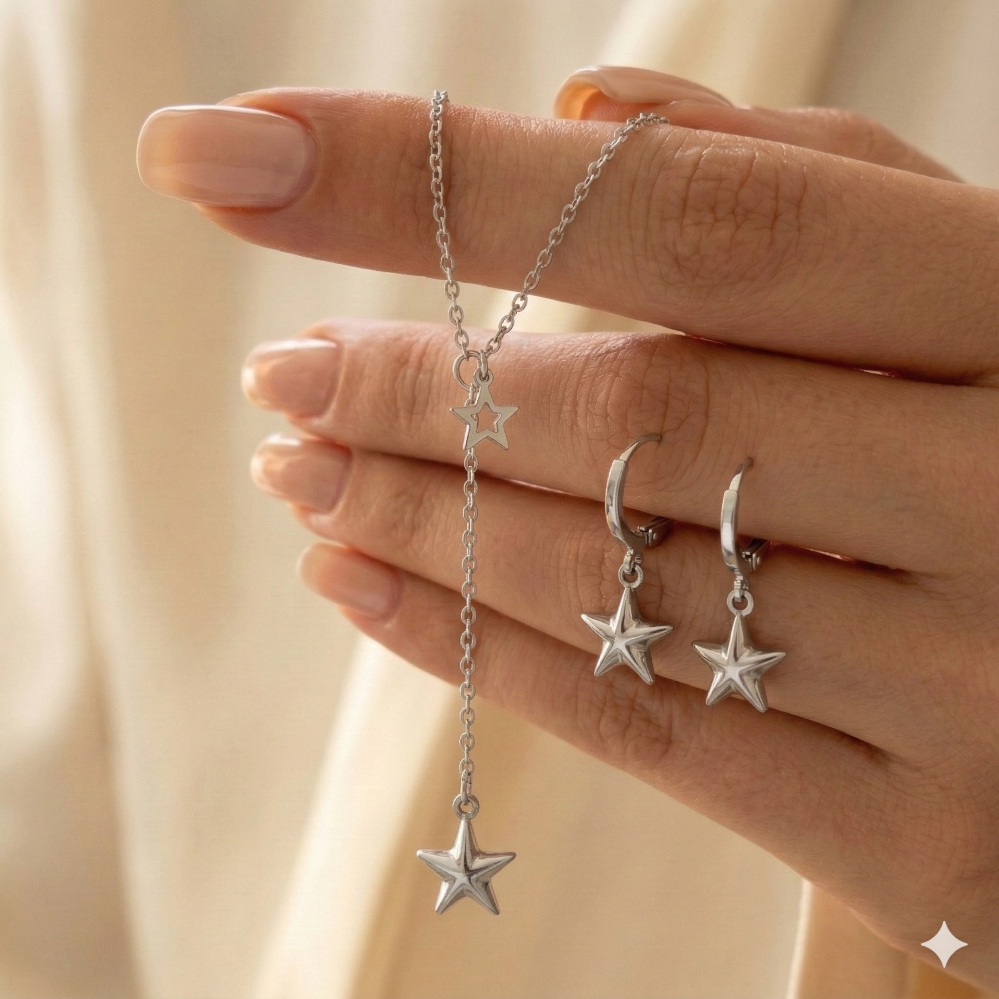 Colar e Brinco Conjunto Gravatinha Estrela em Aço Inoxidável | Não Escurece | À Prova d’Água em Oferta na Shopee