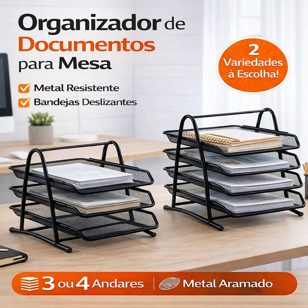 Organizador de Mesa Porta Documentos Bandeja Metal Aramado Escritório Porta Papel 3 ou 4 Andares