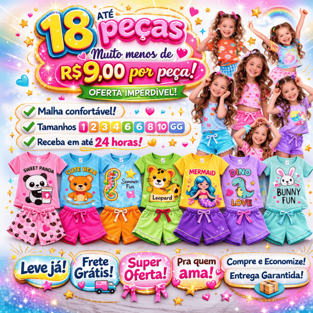 Kit 10/12/18 Conjunto Infantil Menina Verão Look Estiloso Roupa Bebê Algodão Casual