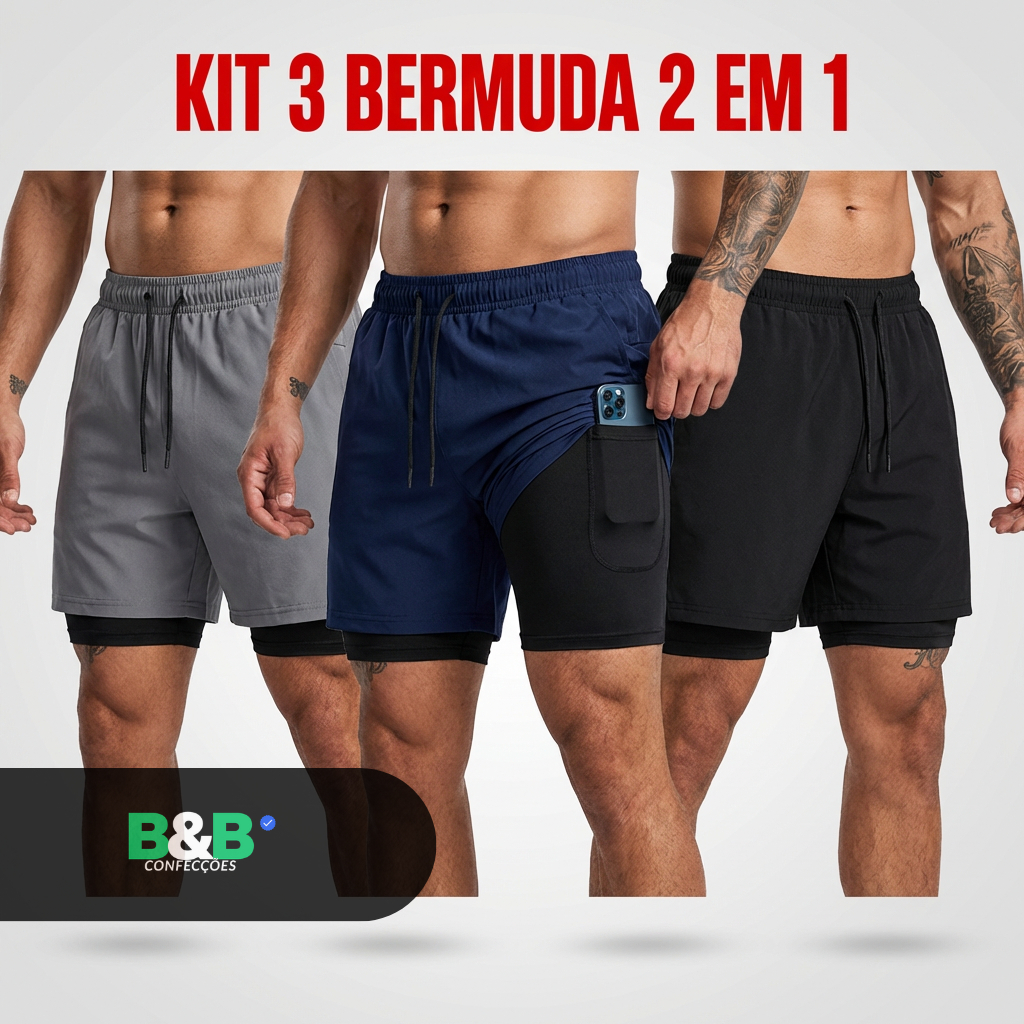 Kit 3 Peças Shorts 2 em 1 Dry Fit Masc. Bolso Interno e Forro Compressão
