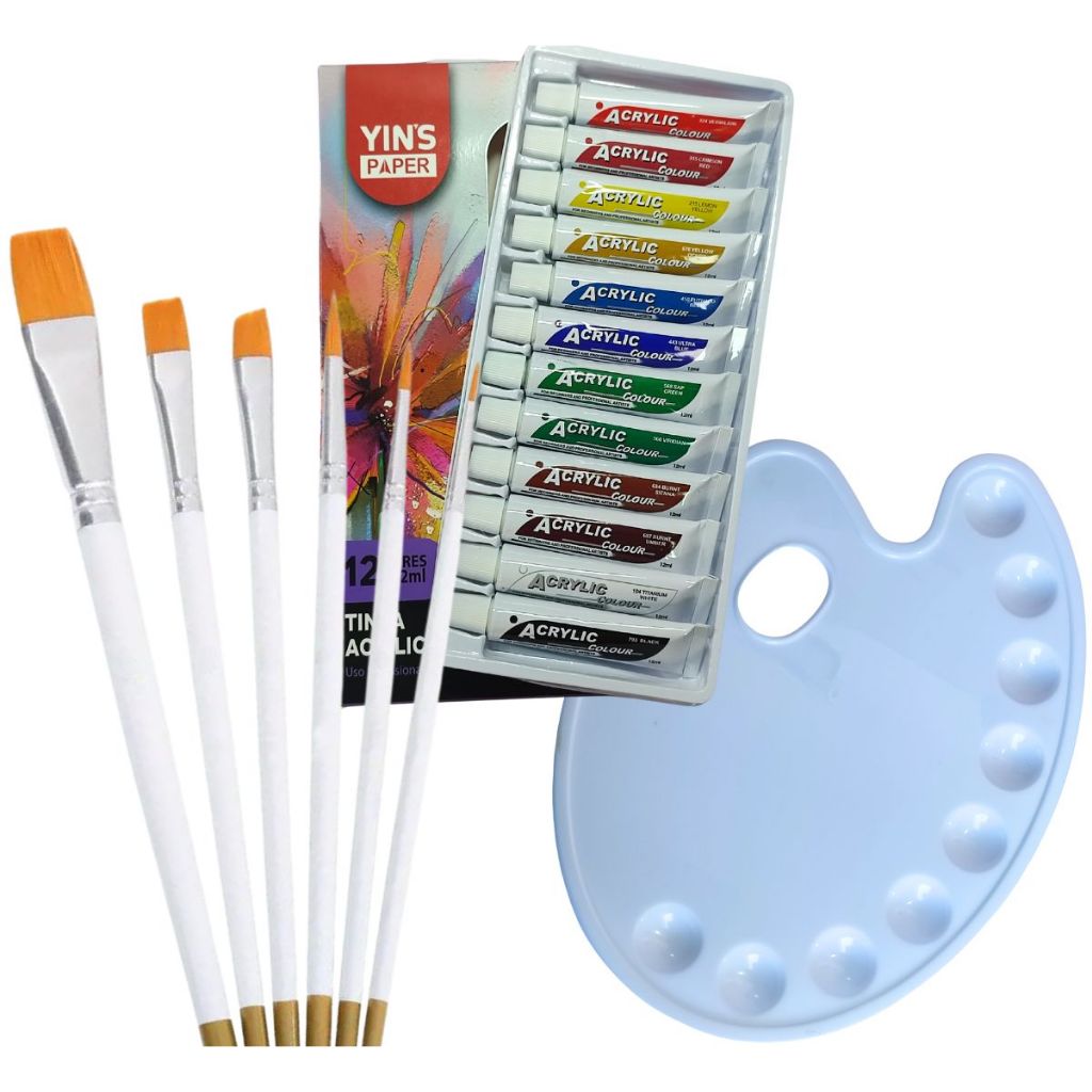 Kit Pinceis Redondos e Chanfrados 12 Tintas Acrilica e Godê 9 Cavidades Pintura em Oferta na Shopee
