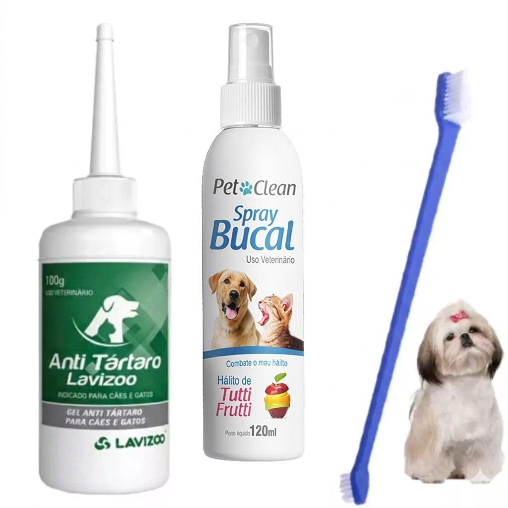 Kit Removedor De Tártaro Cachorro Gel P/ Cães Spray Bucal E Escova Cabo Longo Dupla em Oferta na Shopee