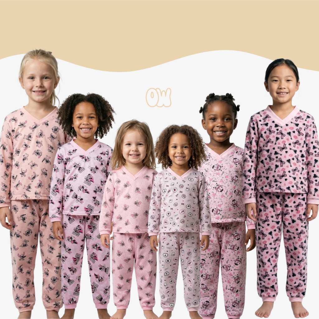 KIT 4 Peças Pijamas Infantis Menina Malha Fria Estampados Manga Comprida Confortável Dia a Dia (Sortido)