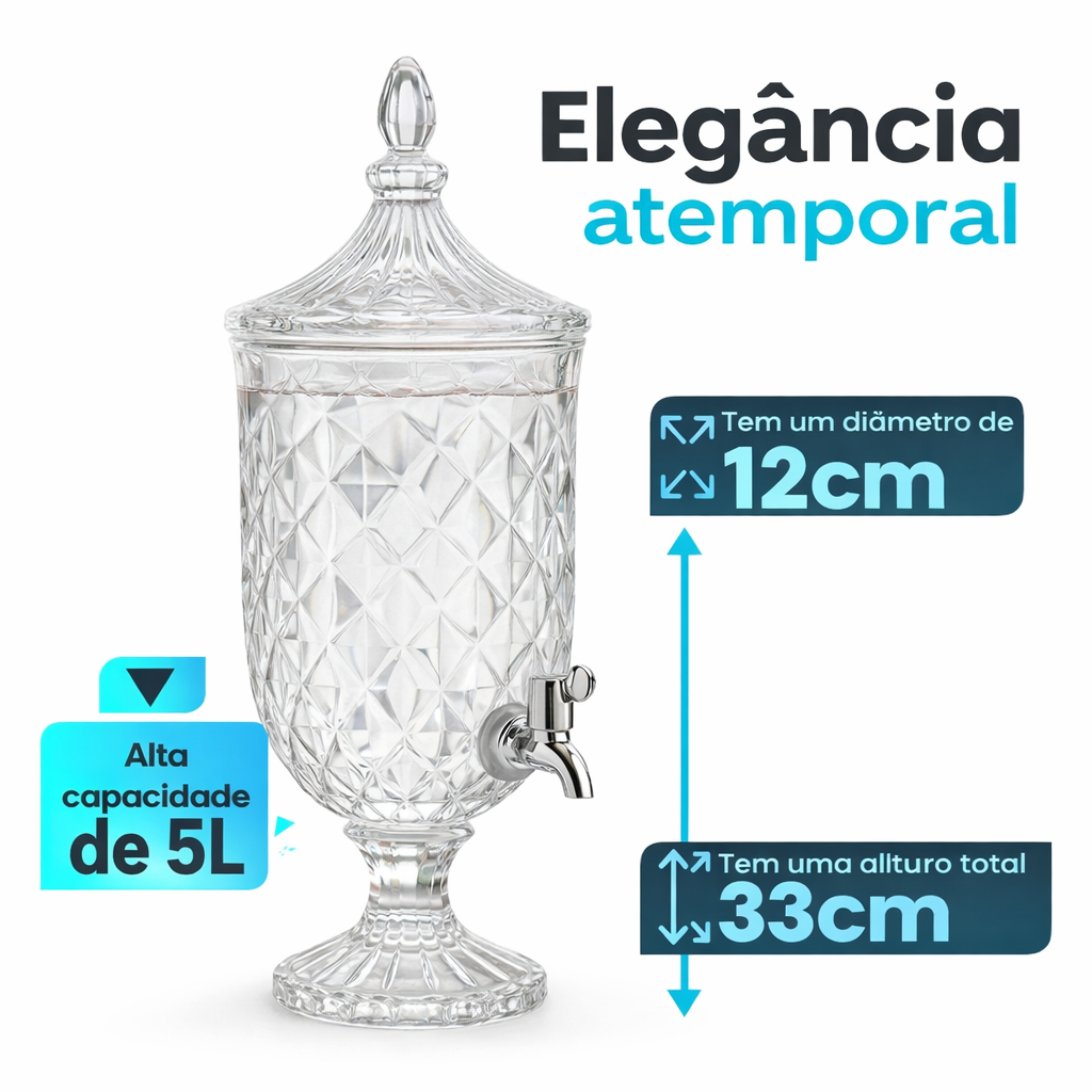 Suqueira de Vidro 5 e 4,5 Litros Jarra De Vidro Cristal Diamante Suporte e Torneira Tampa Água Saborizada