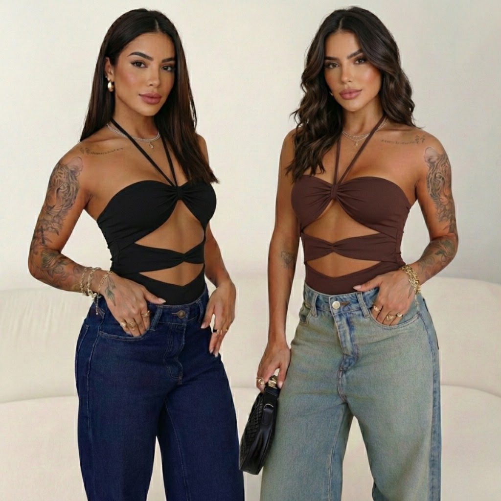 Body Feminino Suplex Moda Gringa Recortes Profundos 3 Tiras Amarração Ajustável Festa Balada E Verão