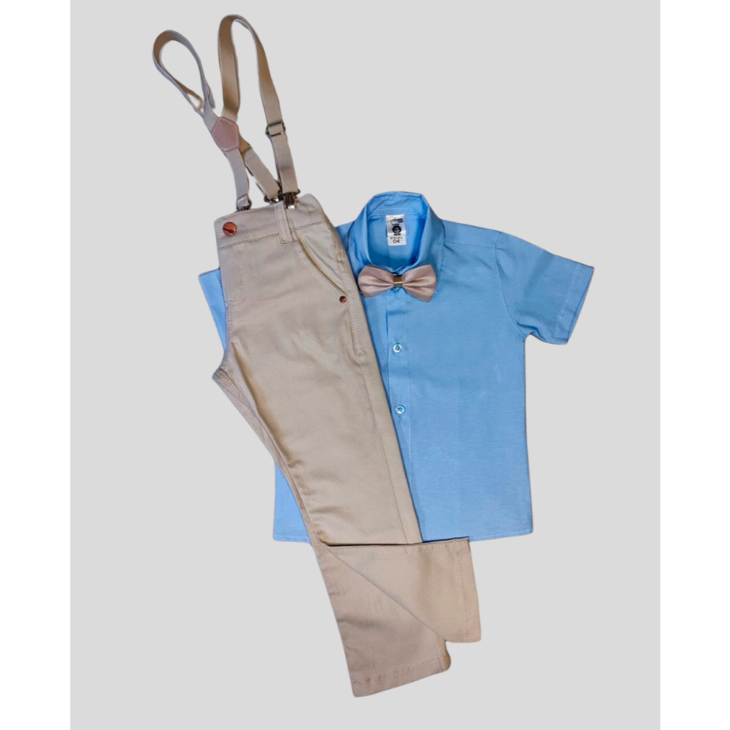 Conjunto Infantil Calça Suspensório Gravata e Camisa Pajem Batizado Azul Bebê Cinza Claro Marinho Bege