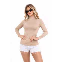 Cacharrel Nude - Cacharrel Feminina - Blusa Cacharrel de Manga Longa com Gola Alta