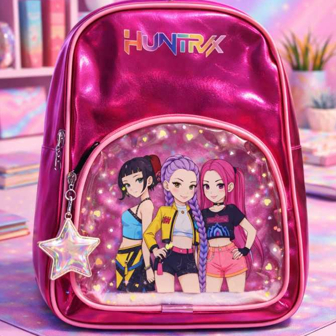 Mochila Guerreiras do K-pop Huntrix Infantil Femenina com Visor Tranparente com Glitter