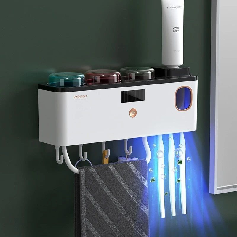 Suporte Esterilizador UV para Escova de Dentes com 2 Copas, Dispenser Automático e Antibacteriano-K9