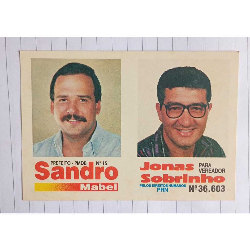 Santinho Eleitoral Antigo “Sandro Mabel Prefeito / Jonas Sobrinho Vereador” – Calendário 1992–1993