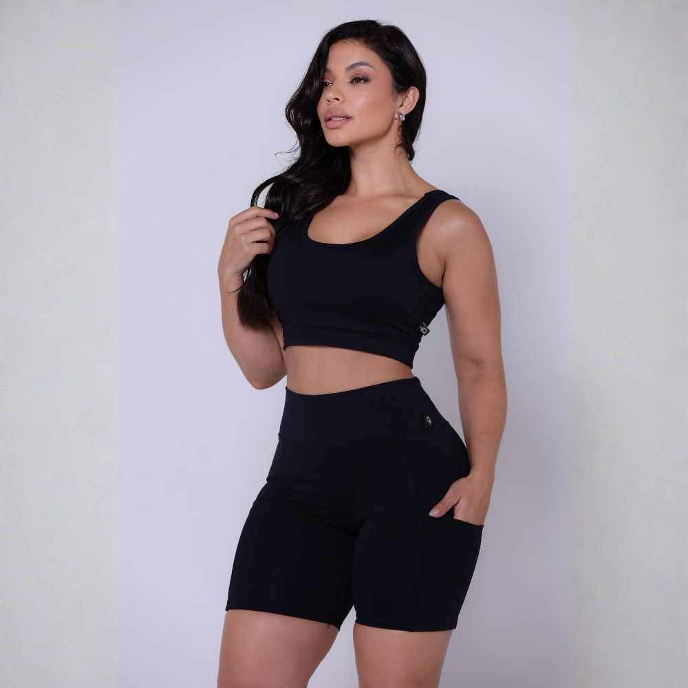 QUEIMA DE ESTOQUE - Short Bermuda + Top Conjunto Fitness Feminino Poliamida Cós Alto com Bolso Celular Academia