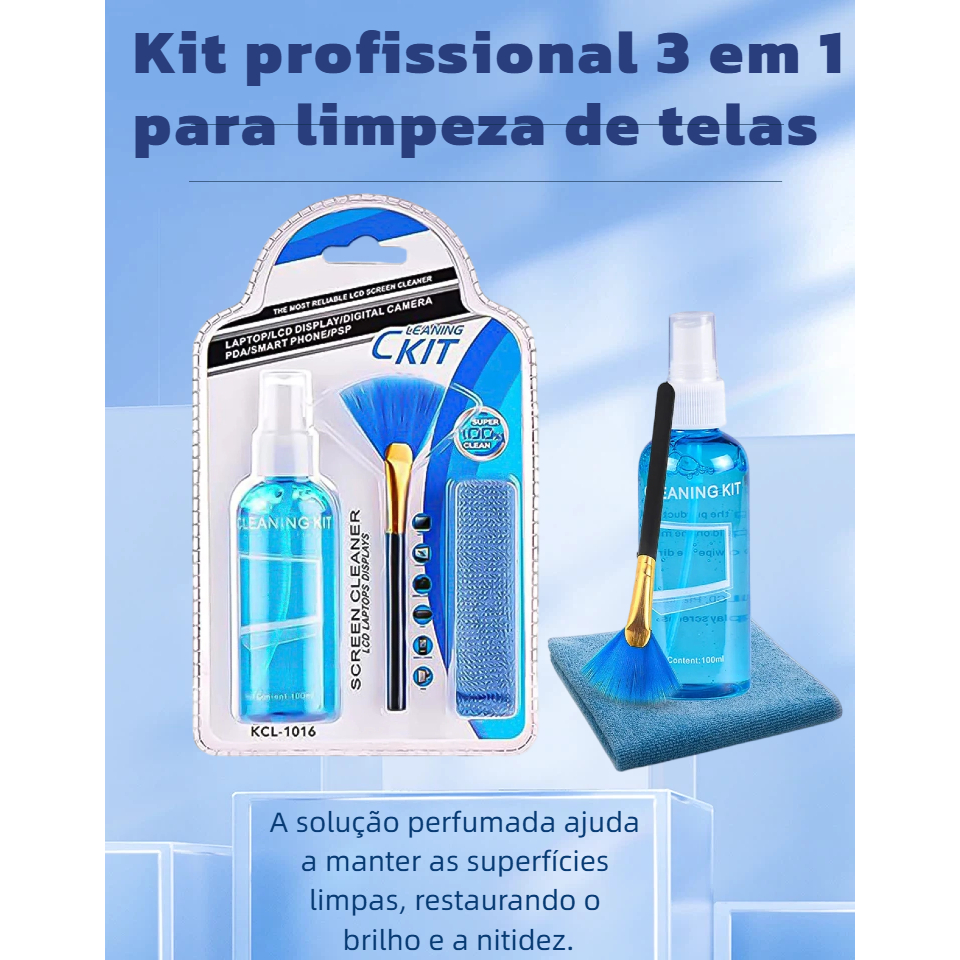 Kit 3 Em 1 Limpeza De Tela Lcd Com Solução, Pano E Escova sem Manchar Modelo KCL-1016
