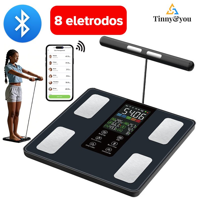 Balança de Bioimpedância Profissional com Handle 8 Sensores, 13 Medições Corporais, Gordura Corporal, Bluetooth e App